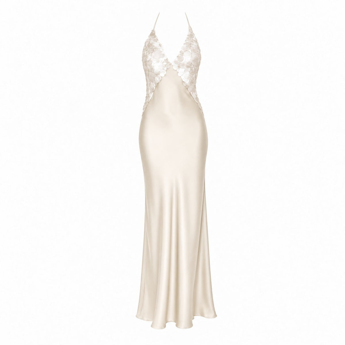 Long gown dress made of satin with sequin top