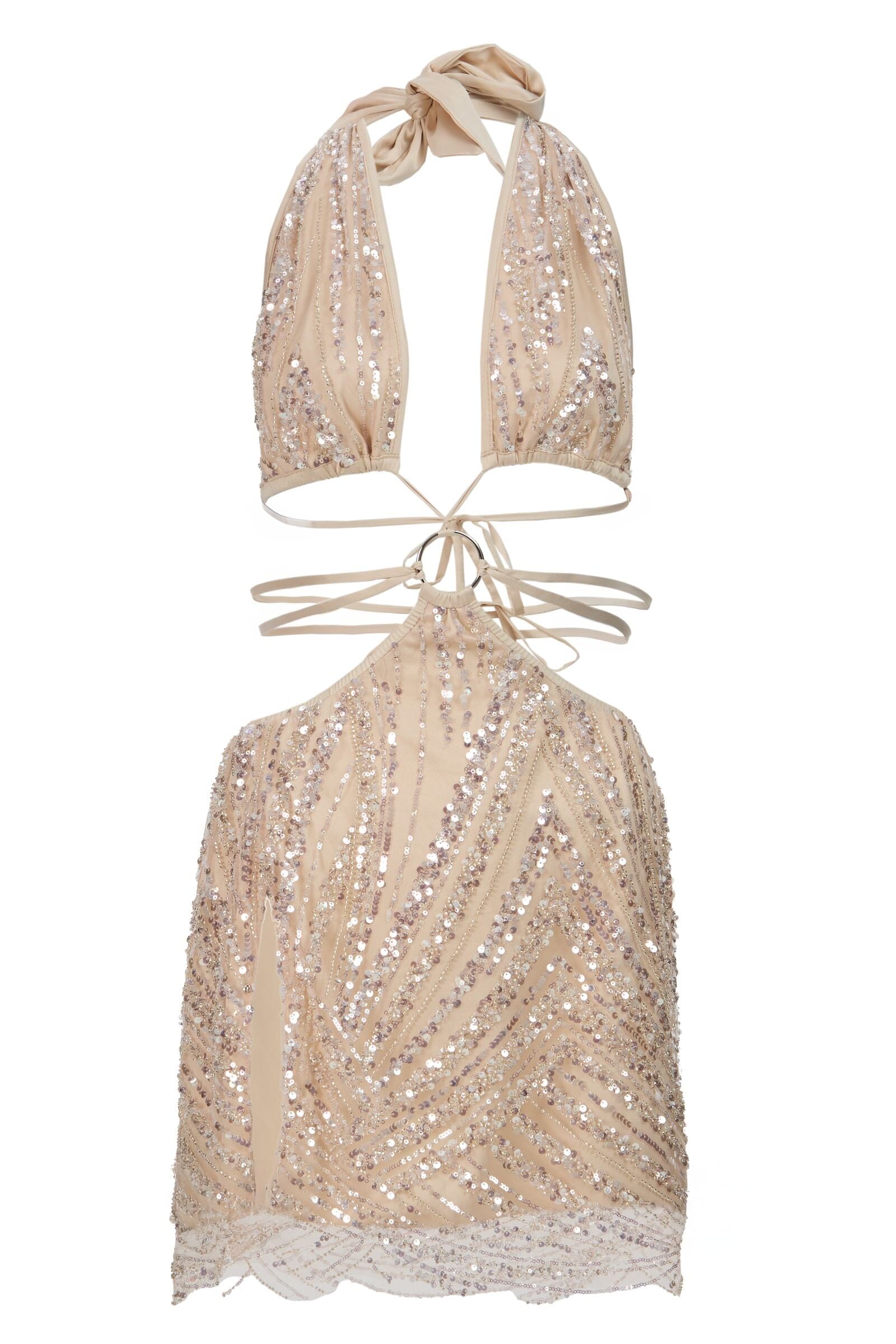 Beige sequin top with halter neck design on a white background