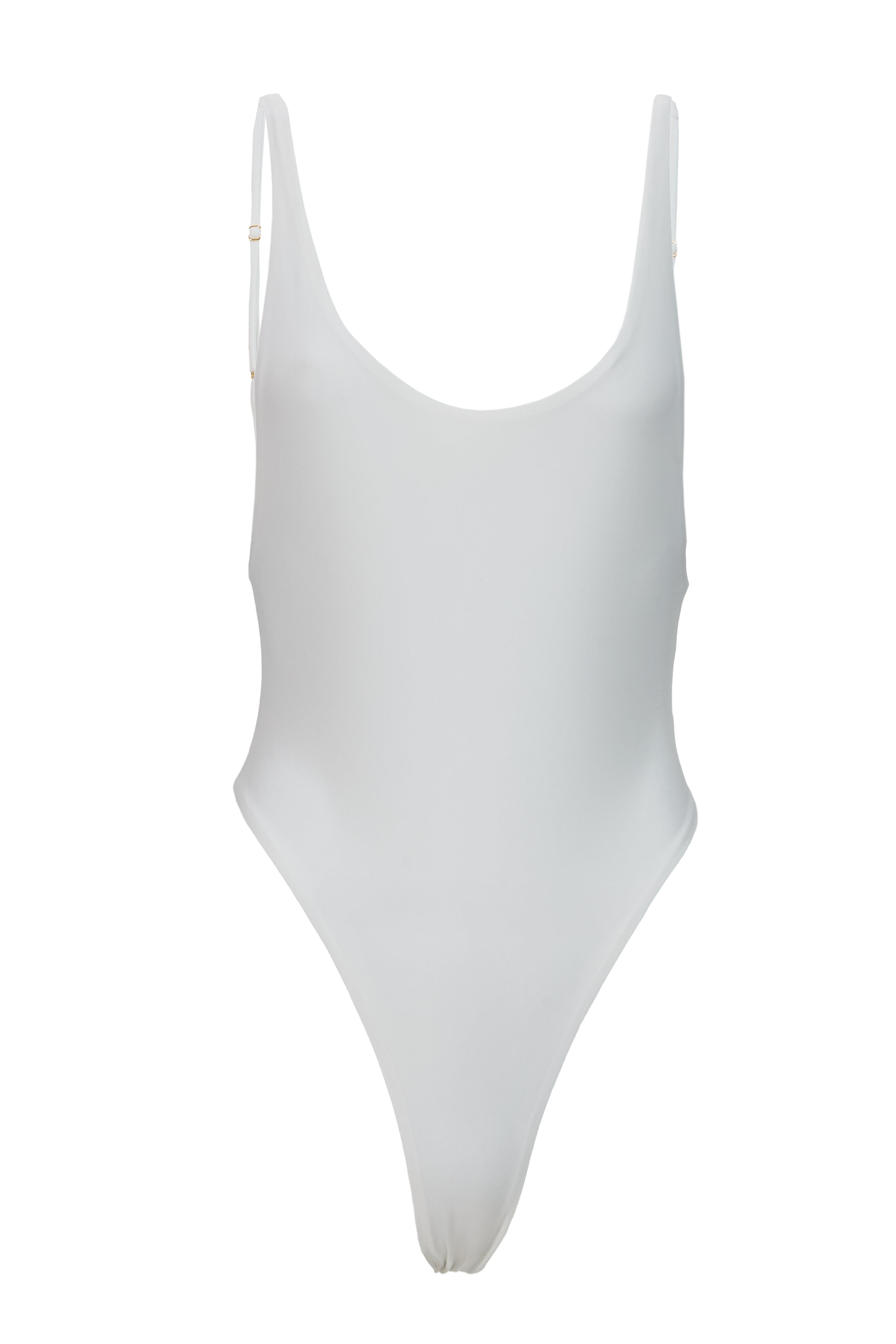White swimsuit with thin straps on a white background